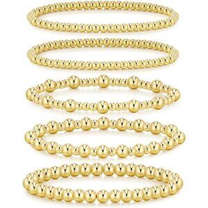 14K Gold Plated Beaded Bracelets for Women - Gold Stretch Bead Ball
